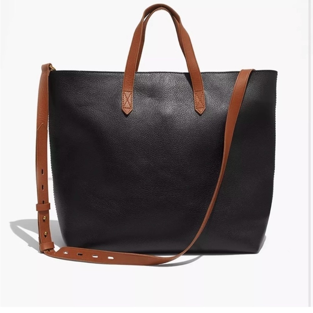 Madewell Black Leather Tote Bag with Brown Straps